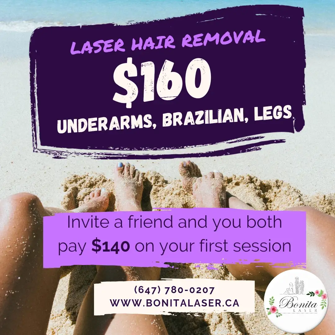 Laser hair removal promo: $160 for Underarms, Brazilian, and Legs treatments at Bonita Laser with referral discount, a popular choice for laser treatment Brazilian.