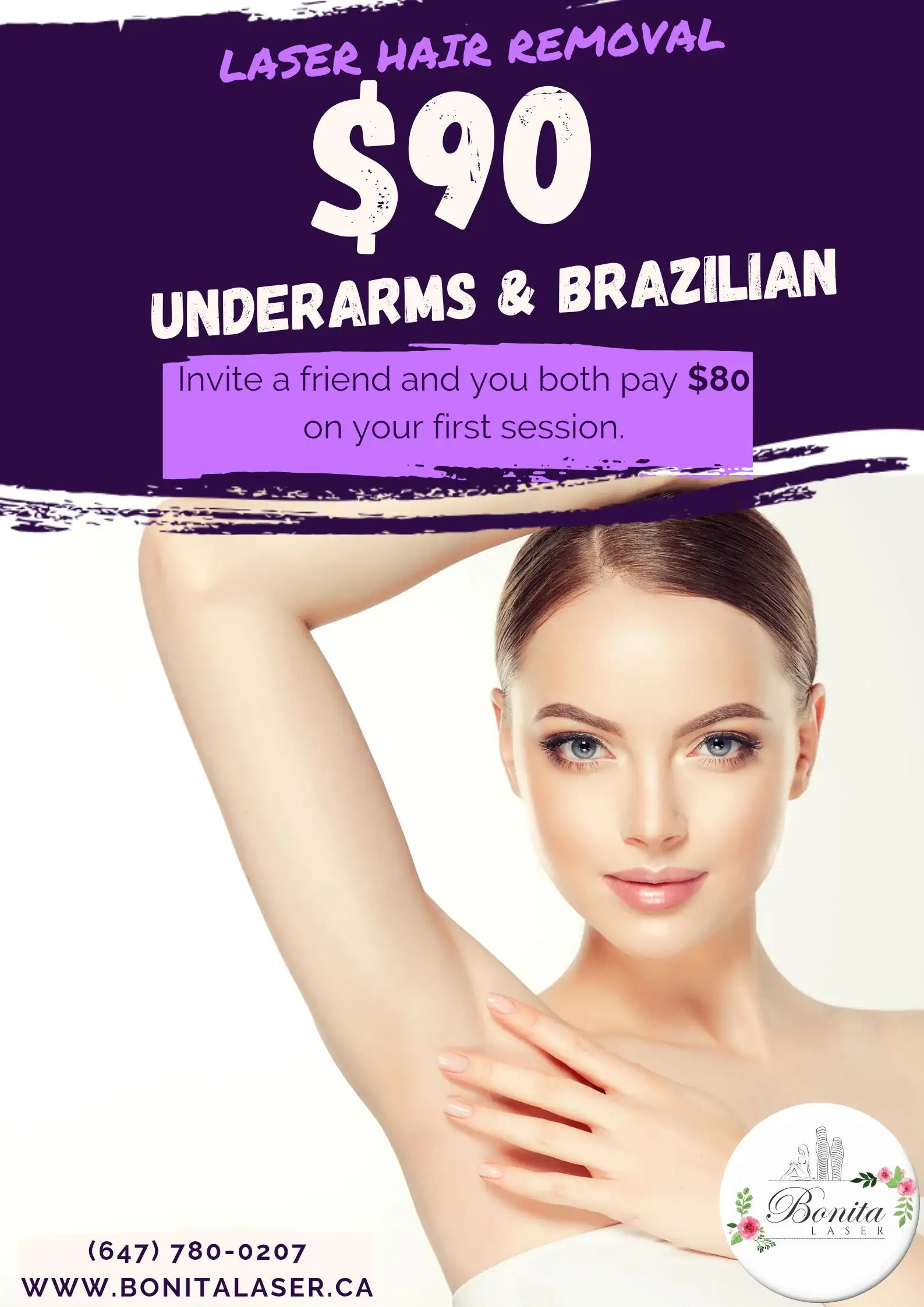 Laser hair removal promo: $90 for Underarms and Brazilian treatments at Bonita Laser, including a referral discount, suitable for clients seeking Brazilian laser hair removal.