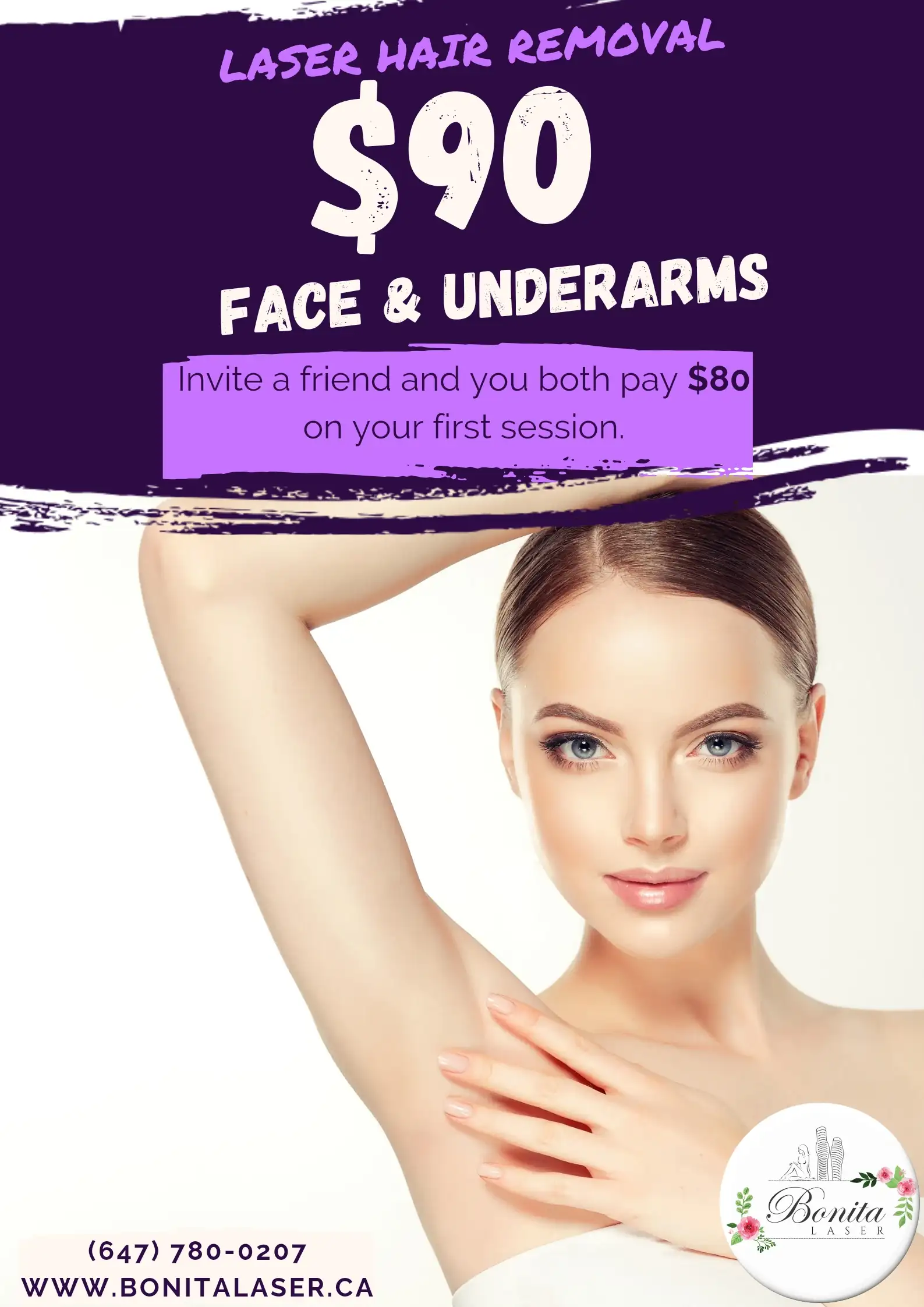 Laser hair removal promo: $90 for Face and Underarms treatments at Bonita Laser, including a discount for referrals, ideal for clients searching for facial mississauga and laser clinic near me.